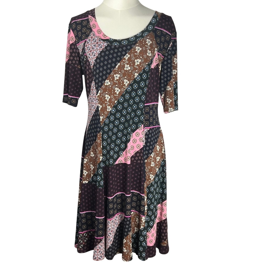 Karen Kane Patchwork Print Multicolor Dress Medium 1/2 Sleeve Knit Casual Career